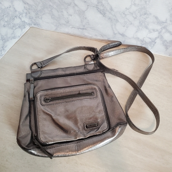 The Sak Crossbody Purse Pewter‎ Silver Distressed Leather Adjustable Pockets - Picture 1 of 12